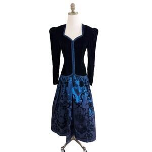 Vintage Scott McClintock Black/Blue Velvet & Taffeta Long Sleeve Formal Dress S
